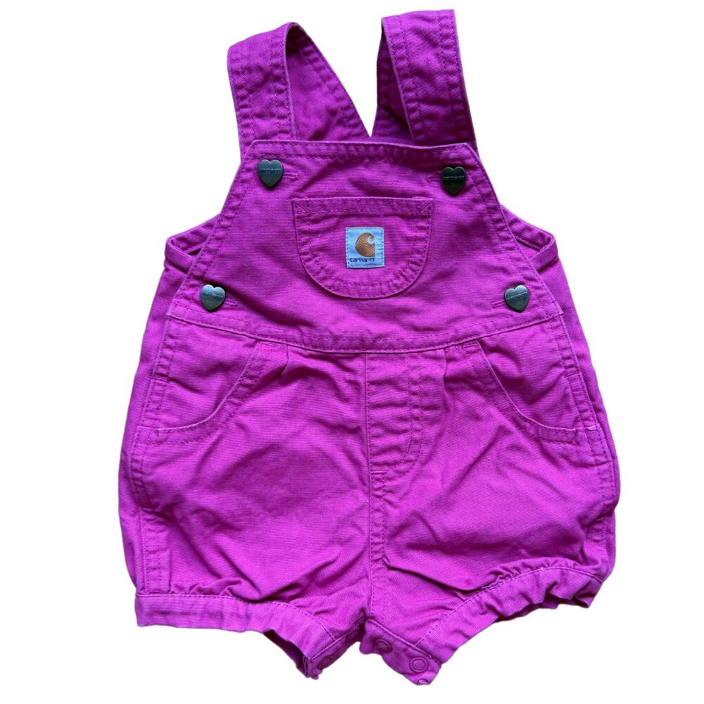 Carhartt Infant Baby Bibbed Overall Shorts Pink With Heart Buttons Size 6 Months